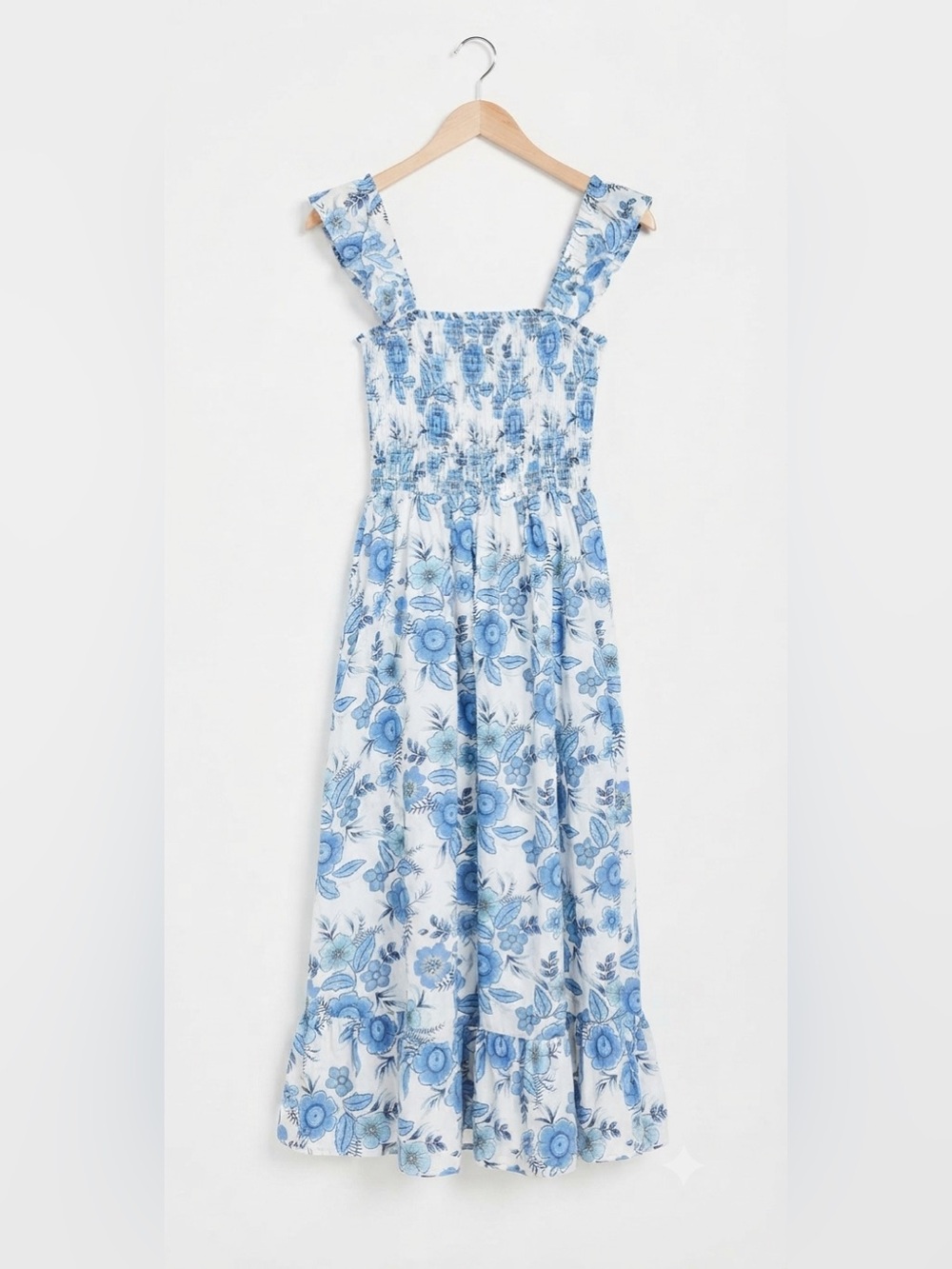 Haute Hippie Blue & White Floral Smocked Maxi Midi Flutter Dress